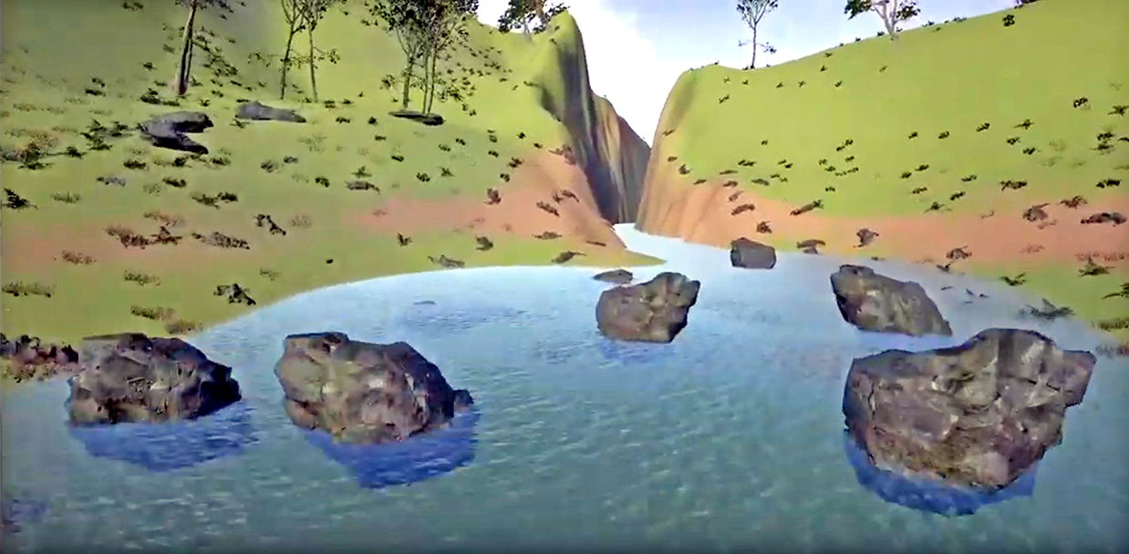 computer-generated landscape image showing rocks in a stream