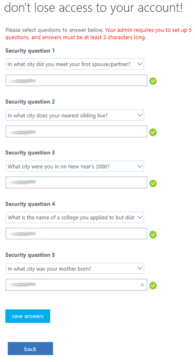 Screen capture showing 5 selected security questions and answers