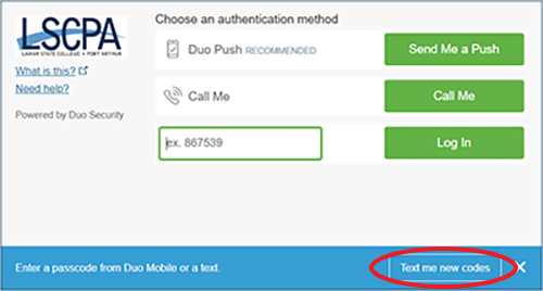 Duo Security screen illustrating how to get text messages