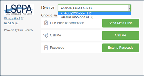 Duo Security screen showing authentication options and multiple device options
