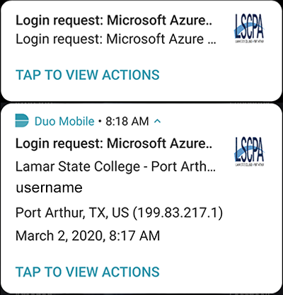 Mobile notification from Duo showing Tap to View instructions.