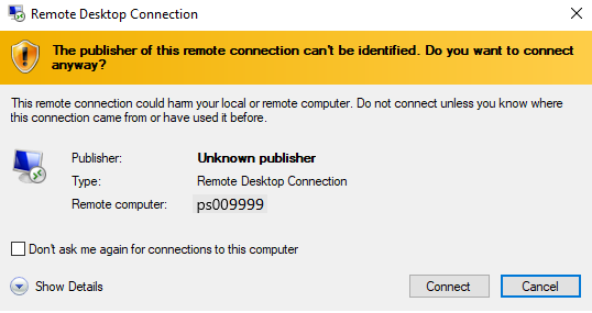 Remote Desktop Connection security warning screenshot