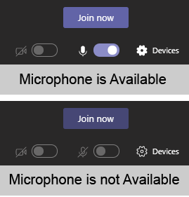 Comparing screen shots of Teams audio controls with and without a microphone available.