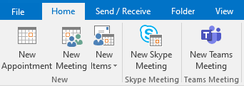 Screen shot showing New Meeting buttons in Outlook desktop client.