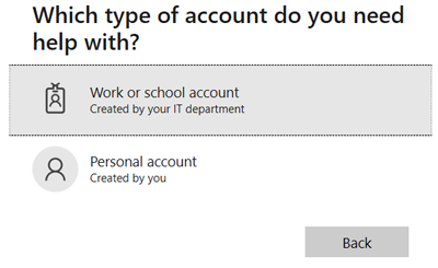Screen capture of selecting work or school account