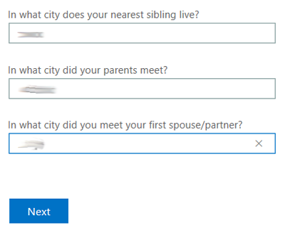 Screen capture of answered security questions