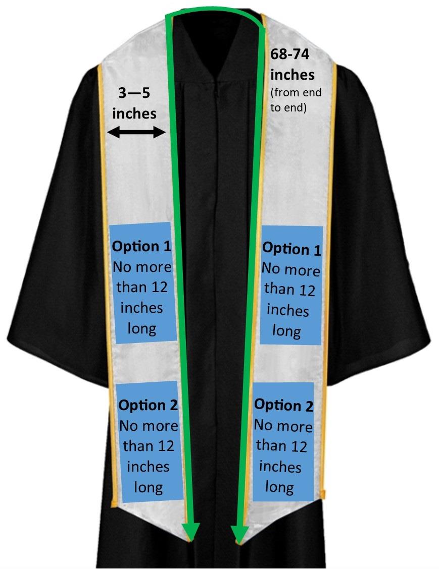 Graduation stole showing options described in Cords and Stole Guidelines