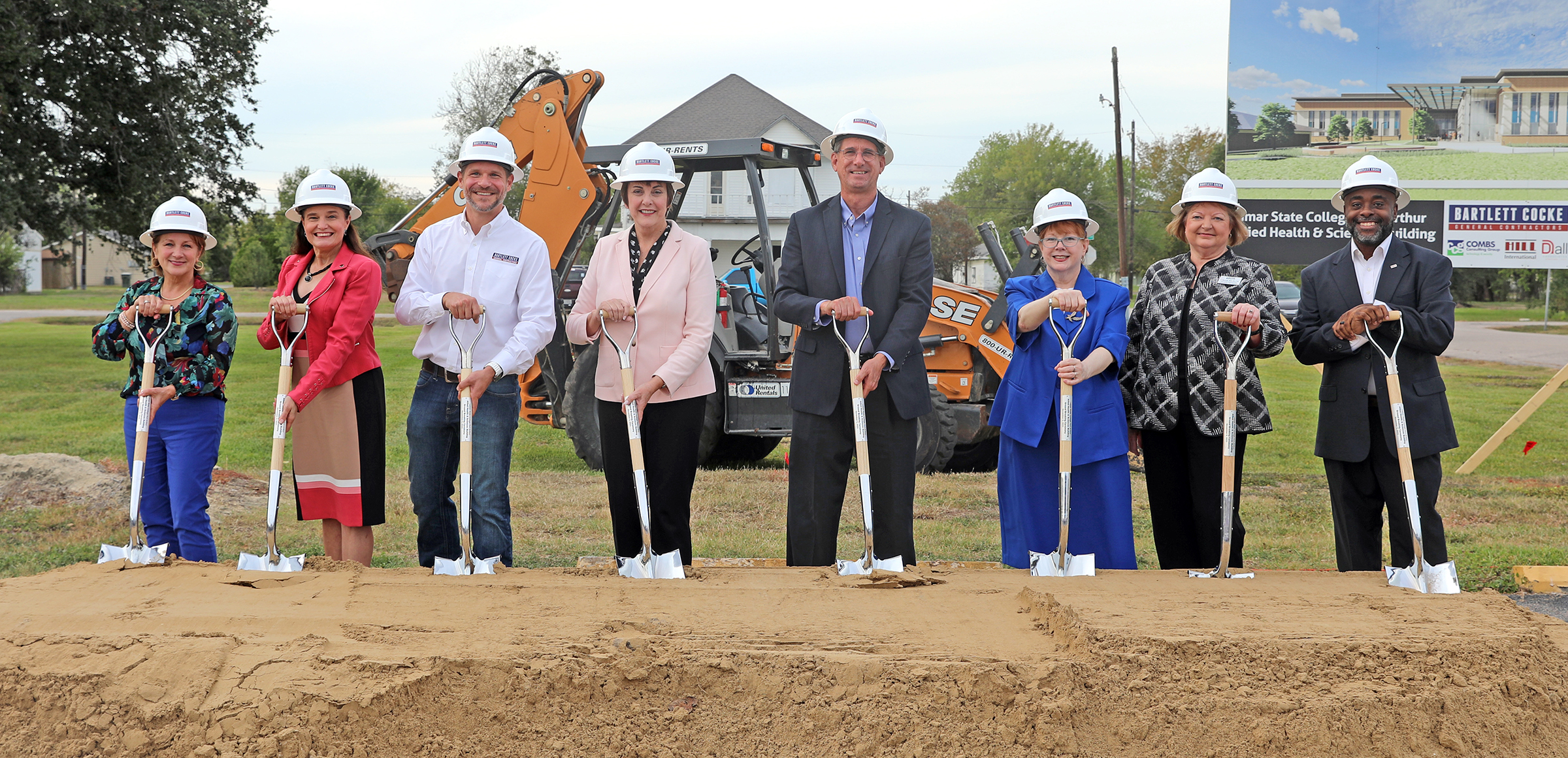 Lamar State College Port Arthur celebrated a groundbreaking on Monday, November 6, for the $37.4 million Allied Health and Science Building. Pictured, from left, are LSCPA Executive Vice President for Finance and Operations Mary Wickland, Dean of Academic and Technical Programs Dr. Melissa Armentor, Stantec Principal Steve Parker, LSCPA President Dr. Betty Reynard, Bartlett Cocke General Contractors Project Manager James Pallone, LSCPA Vice President for Academic Affairs Dr. Pamela Millsap, Director of Allied Health Shirley MacNeill, and Hill International Project Manager Marcus Swayzer.
