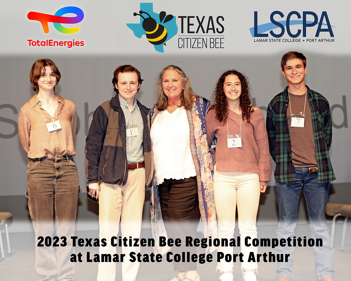 2023 Citizen Bee Top 4: From left to right, Sarah Adams, fourth place; Sam Marchand, third place;  Dr. Tina Capeles, LSCPA Coordinator; Ensley Rao, second place; and Stephen Satchfield, first place.