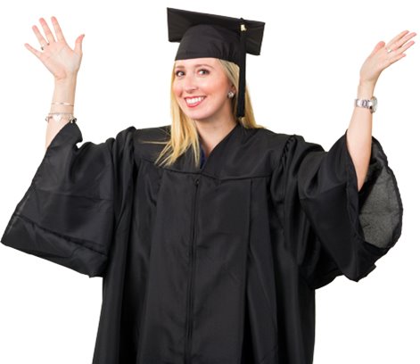 Female in graduation attire smiling and raising hands