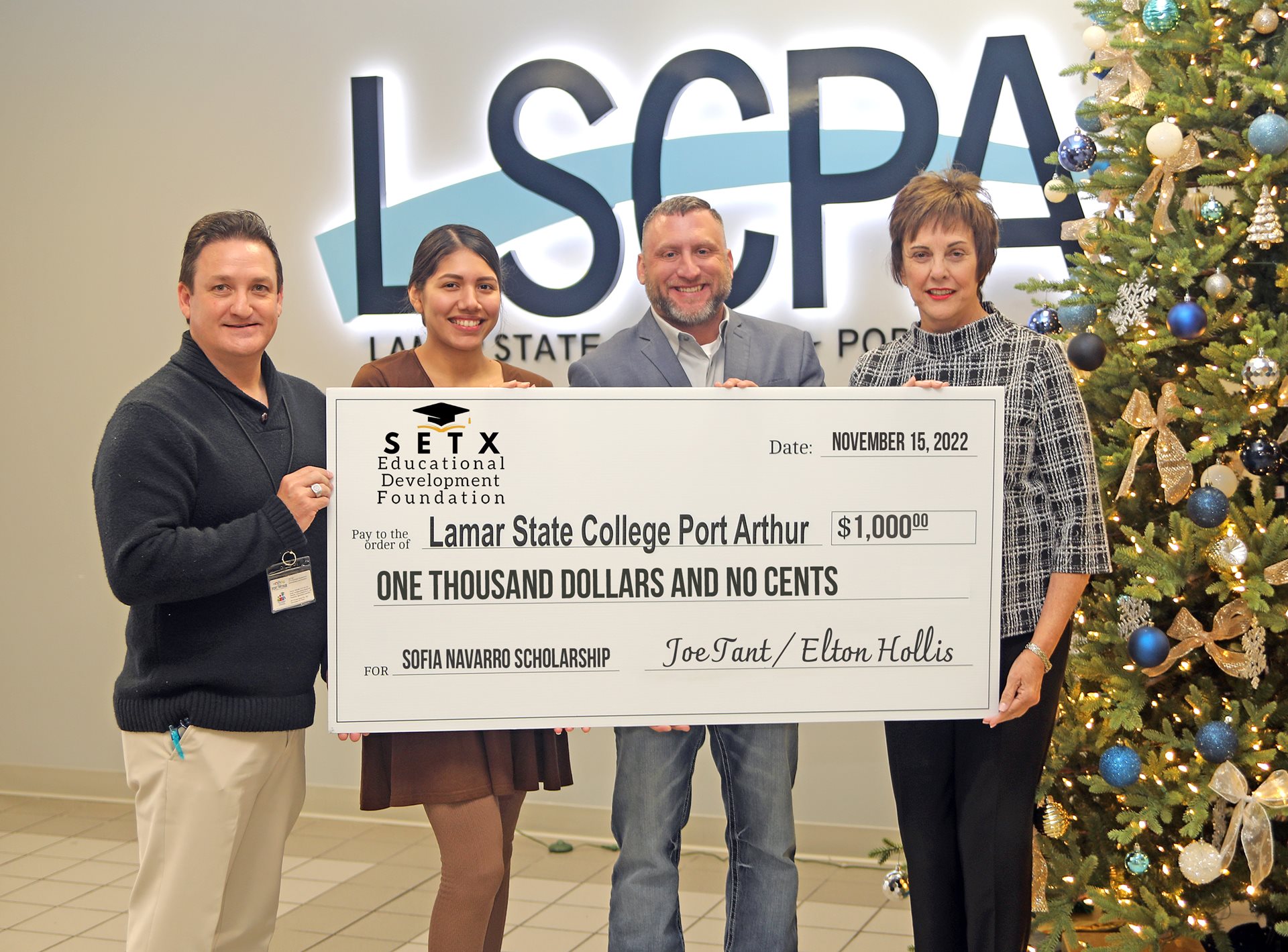 
The Southeast Texas Educational Development Foundation recently presented a scholarship check for $1,000 to Lamar State College Port Arthur in honor of Sofia Navarro. Pictured, from left, are Foundation President Joe Tant, Sofia
